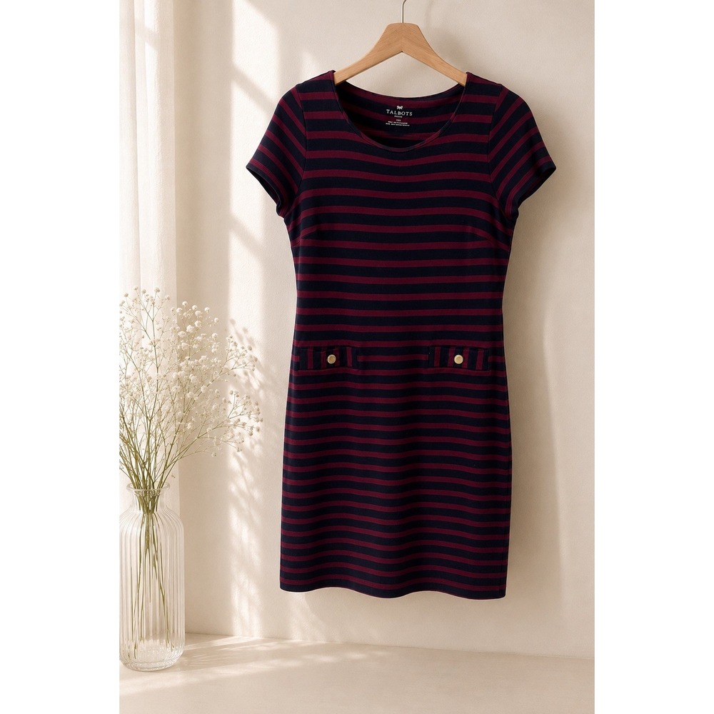 Talbots Dress Petite M Striped Sheath Gold Button 3/4 Sleeve Quiet Luxury
